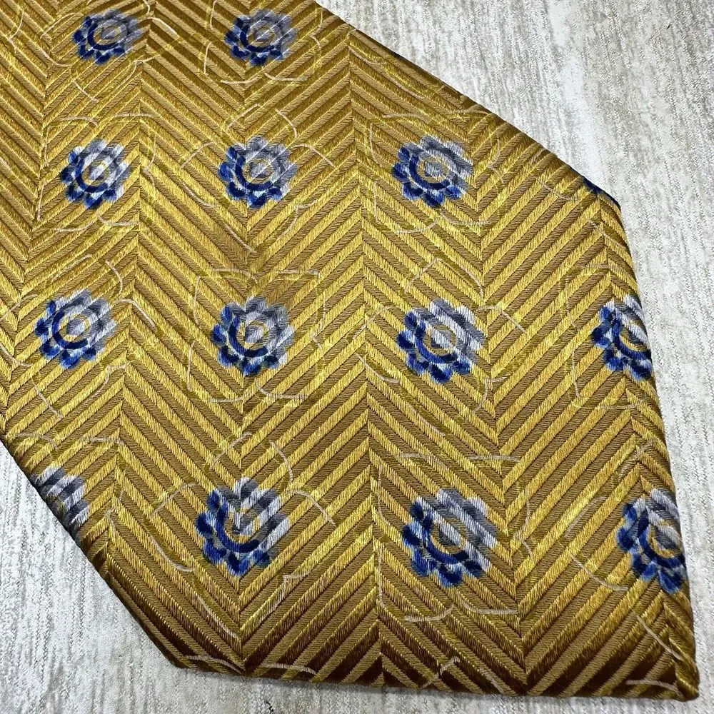 ERMENEGILDO Zegna Men's Gold & Blue Silk‎ Necktie Tie Made In Italy Squares